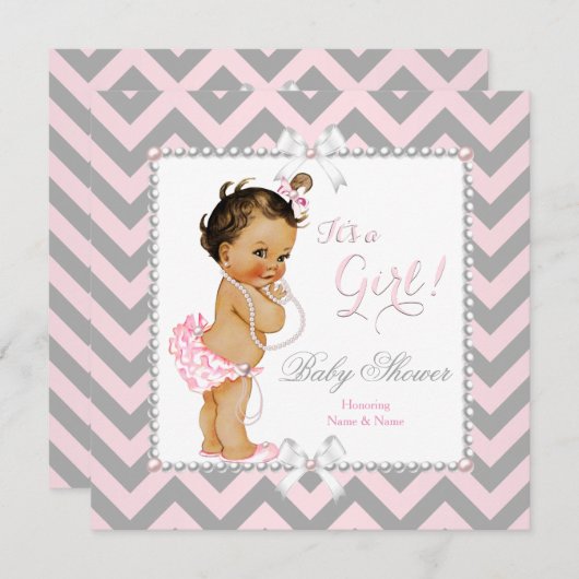 Babydusche Mädchen Pink Grau Streifen Brünett Einladung (Vorne/Hinten)