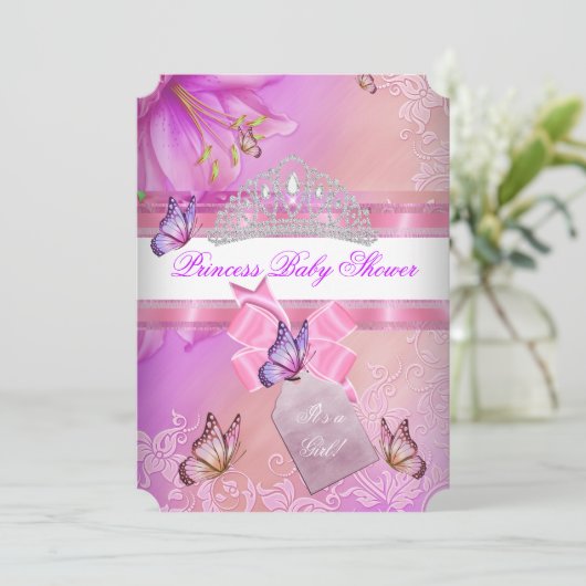 Babydusche Mädchen Pink Lila Prinzessin Butterfly Einladung (Stehend Vorderseite)