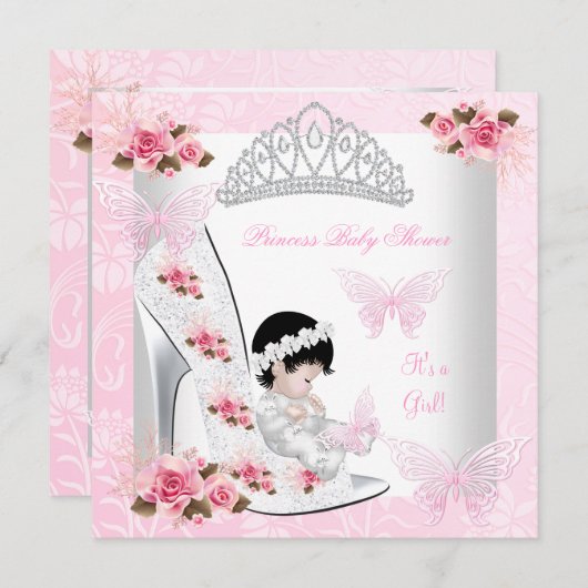Babydusche Mädchen Prinzessin Schmetterlingsschuh Einladung (Vorne/Hinten)