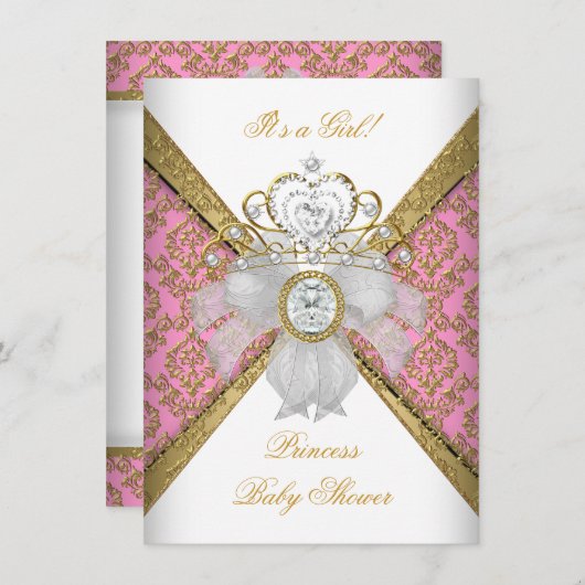Babydusche Mädchen White Pink Princess Damask Einladung (Vorne/Hinten)