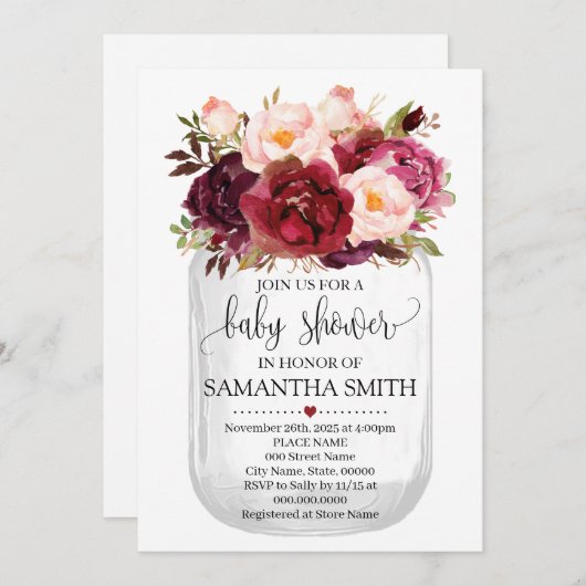 Babydusche Marsala Floral Mason Jar Country Chic Einladung (Vorne/Hinten)