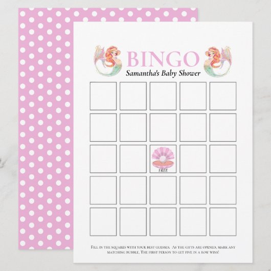 Babydusche Meerjungfrau unter Dots Bingo Einladung (Vorne/Hinten)