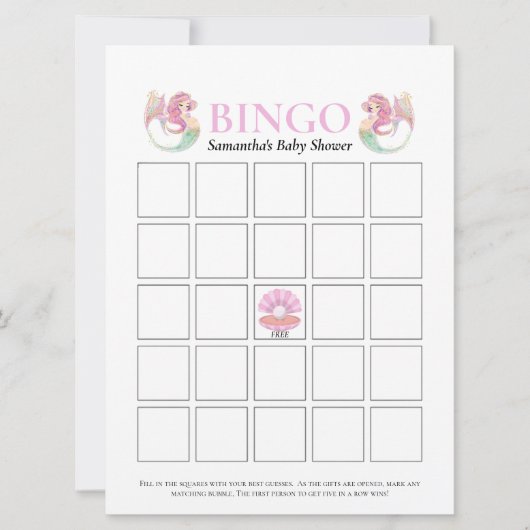 Babydusche Mermaid Bingo unter dem Meeresrosa Einladung (Vorderseite)