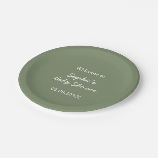 Babydusche Minimalistisch Sage Grünbuch-Teller Pappteller (Schrägansicht)