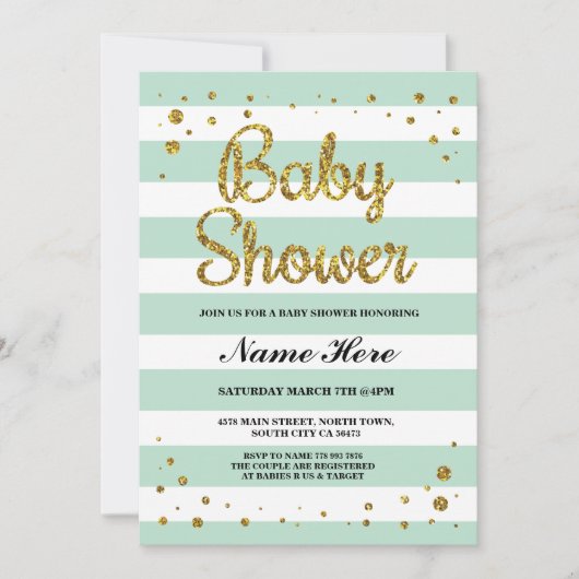 Babydusche Mint Stripe Gold Glitzer Girl Einladung (Vorderseite)