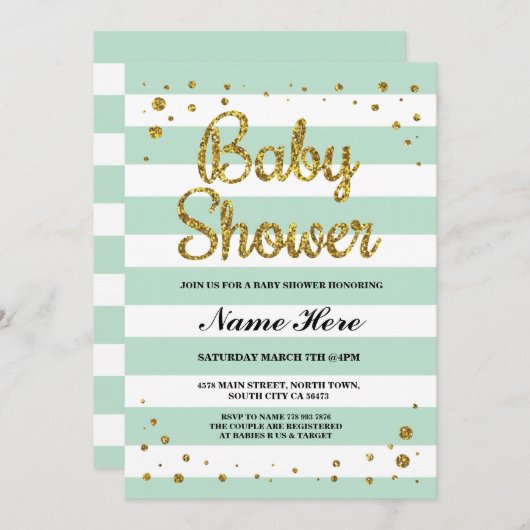 Babydusche Mint Stripe Gold Glitzer Girl Einladung (Vorne/Hinten)