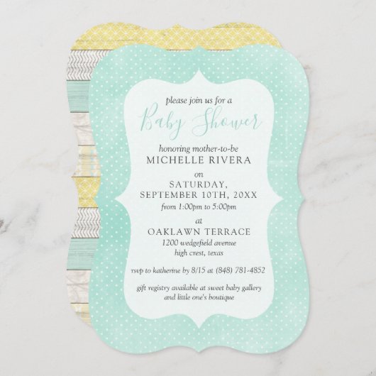 Babydusche Minze gelb rustikales Holzgeschlecht ne Einladung (Vorne/Hinten)