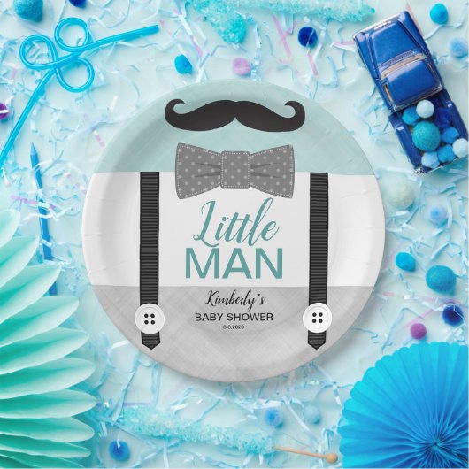 Babydusche Minzgrün graues Männerthema Pappteller (Party)