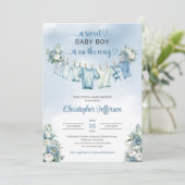 Babydusche mit blauer Wäscheleine Babydusche Einladung (Stehend Vorderseite)