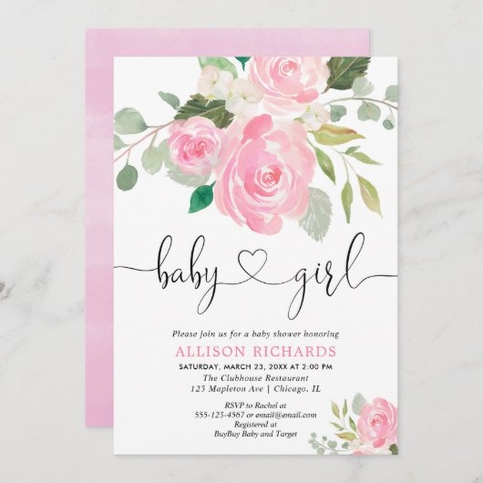 Babydusche mit Blumenwasser, rötlich pink Einladung (Vorne/Hinten)