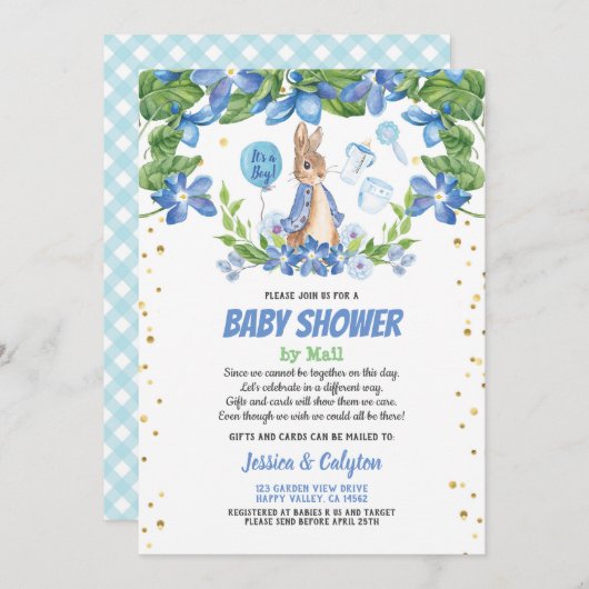 Babydusche mit der Post Bunny Rabbit blau Einladung (Vorne/Hinten)