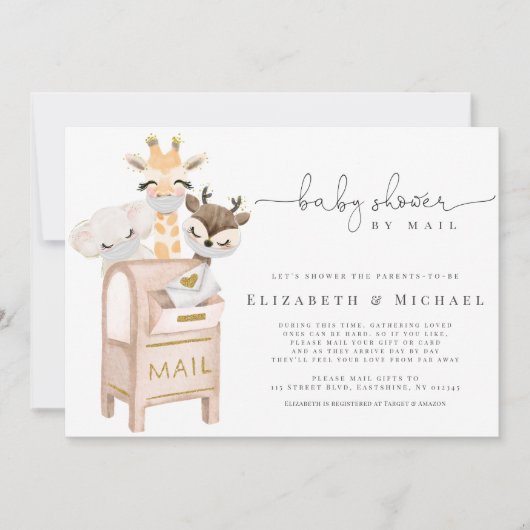 Babydusche mit E-Mail Masked Baby Animals Gold Einladung (Vorderseite)