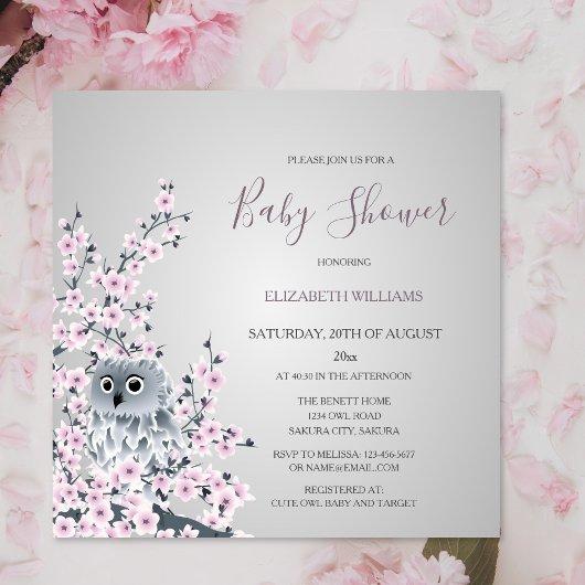 Babydusche mit Eule und Kirschblüten Einladung