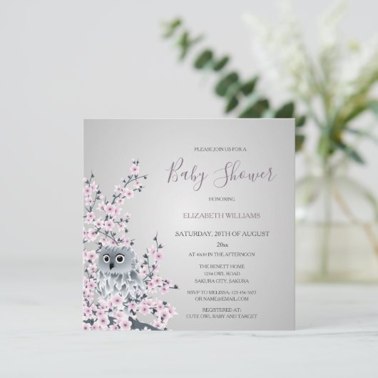 Babydusche mit Eule und Kirschblüten Einladung (Stehend Vorderseite)