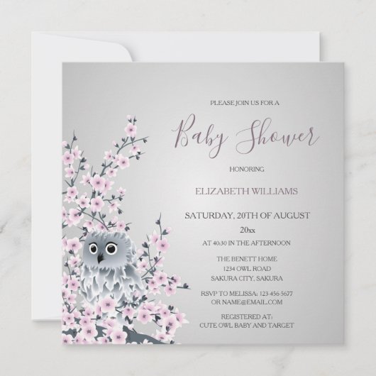 Babydusche mit Eule und Kirschblüten Einladung (Vorderseite)