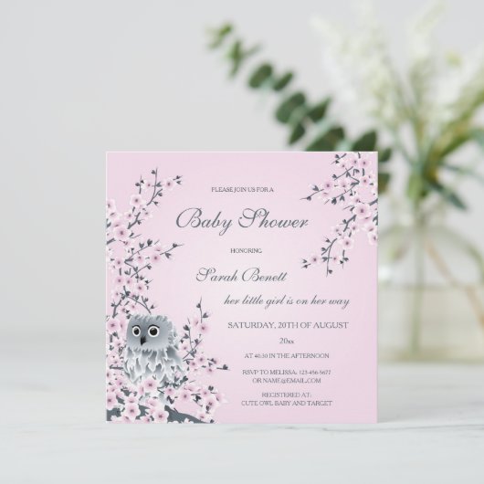 Babydusche mit Eule und Kirschblüten Einladung (Stehend Vorderseite)
