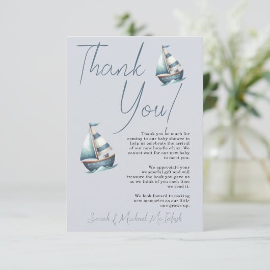 Babydusche mit Nautical Sailboat Danke Karte (Stehend Vorderseite)