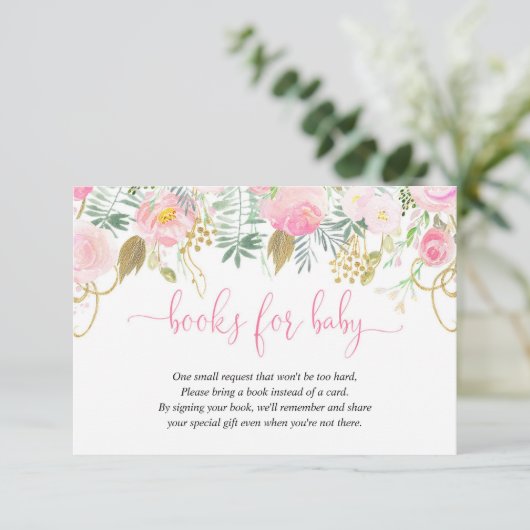 Babydusche mit rosa und goldfarbenem Blumenmotiv - Begleitkarte (Stehend Vorderseite)