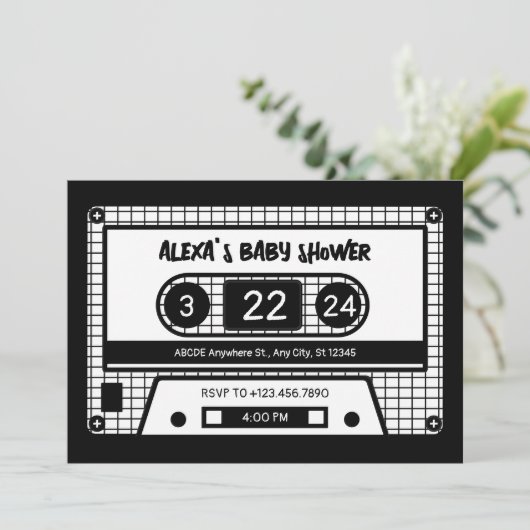 Babydusche mit schwarzer und weißer Kassette Einladung (Stehend Vorderseite)