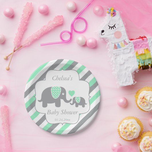 Babydusche mit weißem, grünem und grauem Streifen Pappteller (Party)
