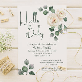 Babydusche mit weißer und grüner Rose Einladung