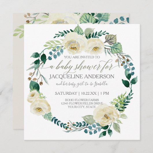 Babydusche Moderne Alabaster Rose Leaf Kranz Einladung (Vorne/Hinten)