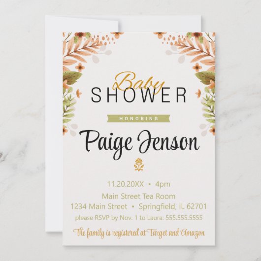 Babydusche Moderne grüne und braune Botanicals Einladung (Vorderseite)