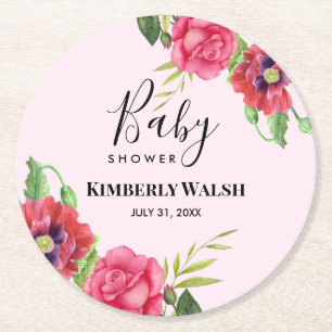 Babydusche Moderne Rosa Blume auf Light Pink Runder Pappuntersetzer
