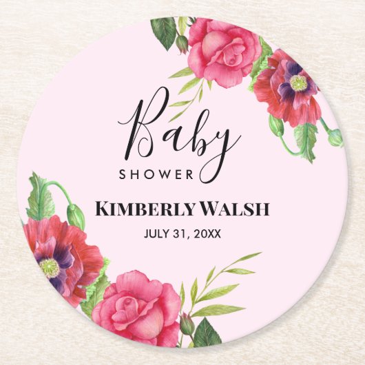 Babydusche Moderne Rosa Blume auf Light Pink Runder Pappuntersetzer (Vorderseite)