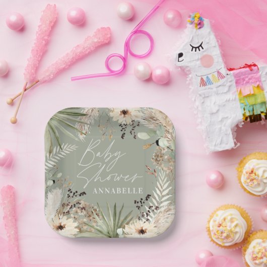 Babydusche moderne rustikale Pampas-Rasenpflanzen Pappteller (Party)