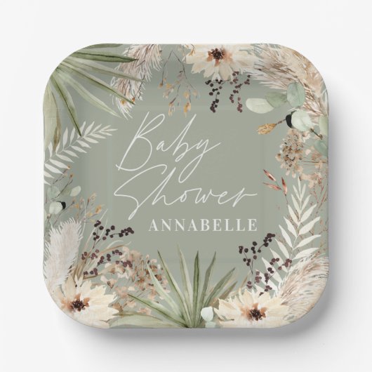 Babydusche moderne rustikale Pampas-Rasenpflanzen Pappteller (Vorderseite)