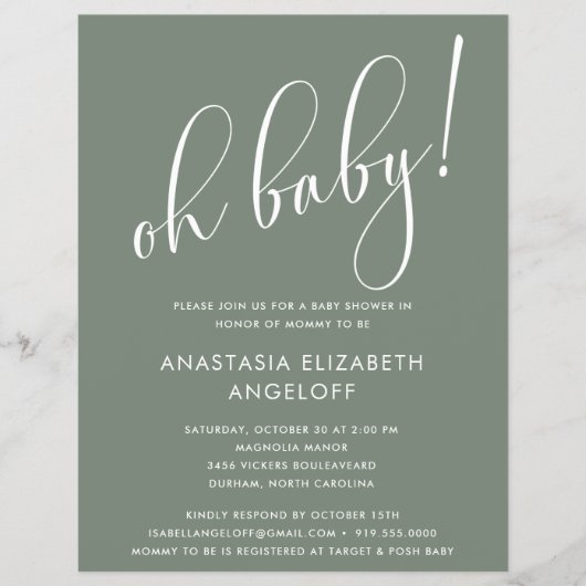 Babydusche Moderne Script Sage Green Einladung Flyer (Vorne)