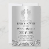 Babydusche Moderner Silver Glitzer Feet Rose Blüte Einladung (Vorderseite)