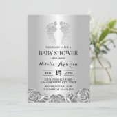 Babydusche Moderner Silver Glitzer Feet Rose Blüte Einladung (Stehend Vorderseite)