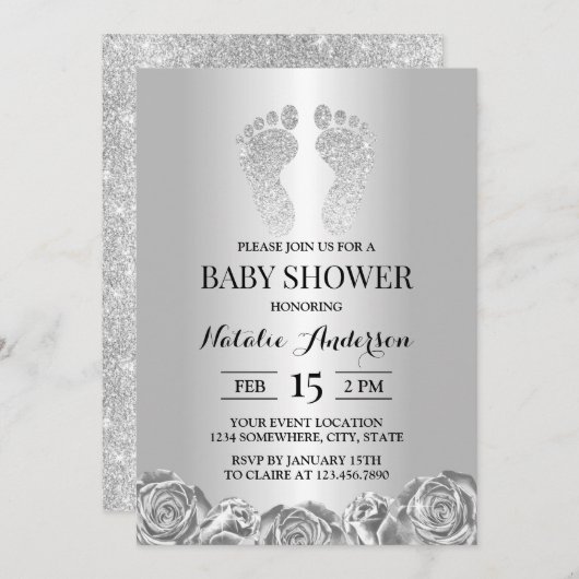Babydusche Moderner Silver Glitzer Feet Rose Blüte Einladung (Vorne/Hinten)