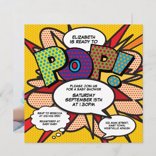 Babydusche Moderner Spaß Bereit zum Pop Foto Einladung (Vorne/Hinten)