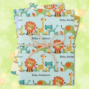 Babydusche Name Lion Giraffe Elephant 3 Geschenkpapier Set