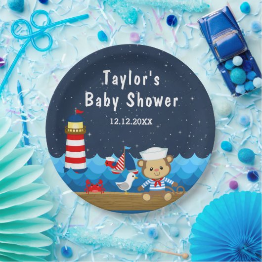 Babydusche Nautic Boy Monkey Red and Navy Pappteller (Party)