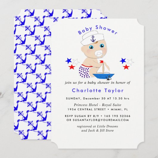 Babydusche Nautical Boys Niedlich Sailor Blue Einladung (Vorne/Hinten)