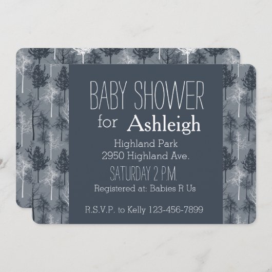 Babydusche Navy Blue and White Trees Einladung (Vorne/Hinten)