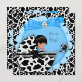 Babydusche Niedlich Baby Boy Blue Pram Cow Einladung (Vorne/Hinten)