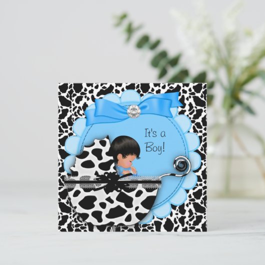 Babydusche Niedlich Baby Boy Blue Pram Cow Einladung (Stehend Vorderseite)