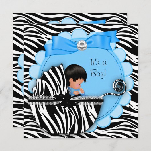 Babydusche Niedlich Baby Boy Blue Zebra Pram Einladung (Vorne/Hinten)