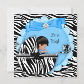 Babydusche Niedlich Baby Boy Blue Zebra Pram Einladung (Vorderseite)