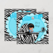 Babydusche Niedlich Baby Boy Blue Zebra Pram Einladung (Vorne/Hinten)