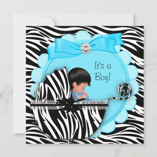 Babydusche Niedlich Baby Boy Blue Zebra Pram Einladung (Vorderseite)