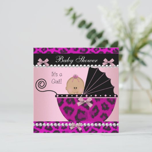 Babydusche Niedlich Baby Girl Hot Pink Leopard Einladung (Stehend Vorderseite)