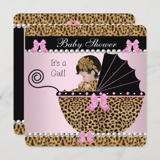 Babydusche Niedlich Baby Girl Pink Leopard Bow 2 Einladung (Vorne/Hinten)