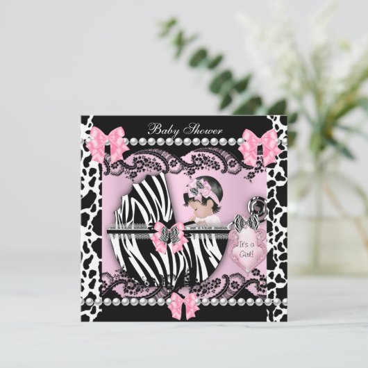Babydusche Niedlich Baby Girl Pink Zebra Kuh Leder Einladung (Stehend Vorderseite)