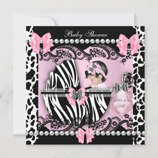 Babydusche Niedlich Baby Girl Pink Zebra Kuh Leder Einladung (Vorderseite)